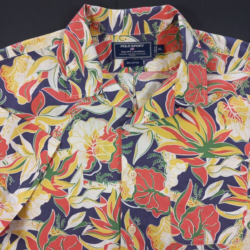 Vtg 90s Polo Sport Ralph Lauren Hawaiian Shirt XL Explorers Travelers Floral Y2K